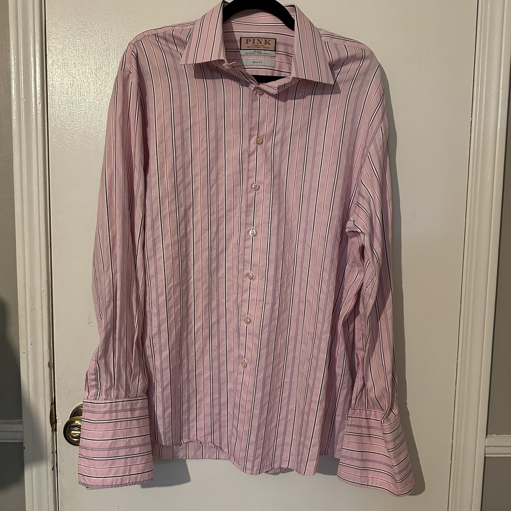 Thomas Pink Shirt Mens 16.5 Pink Stripe French Cuff Dress Button Up Long Sleeve‎
